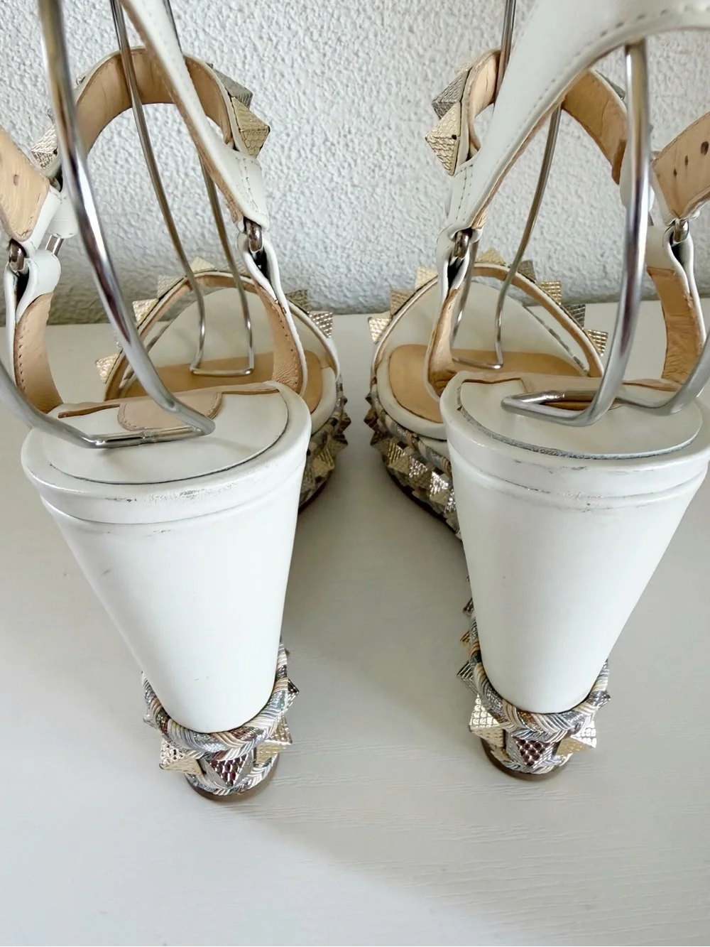 Christian Louboutin Pyraclou Latte White Studded Wedge Sandals Size EU 38